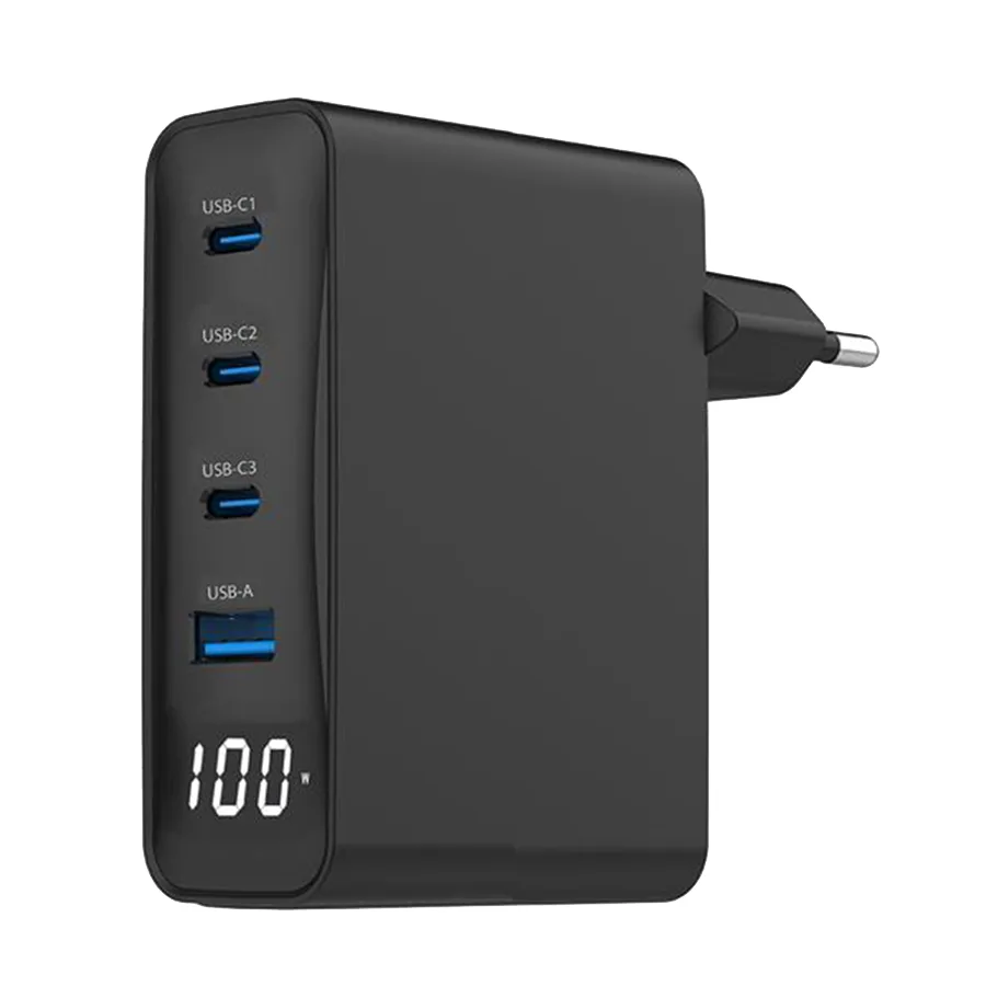 Gembird USB punjač 3xType-C + USB-A, 4-port 100W GaN USB fast charger, LCD, black, TA-UC-PDQC100LCD-01-BK