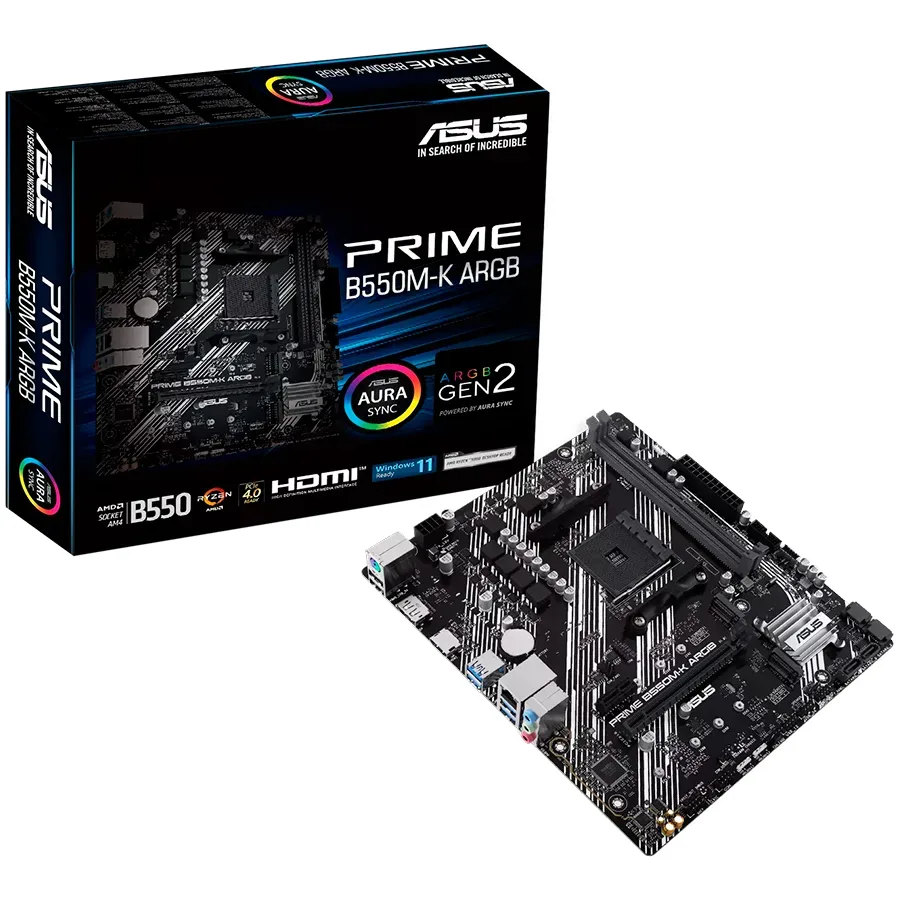 ASUS PRIME B550M-K ARGB AM4 mATX MB - AMD B550 2xDIMM DDR4 2xM.2 4xSATA PCIe 4.0 1Gb Ethernet 1xDisplayPort