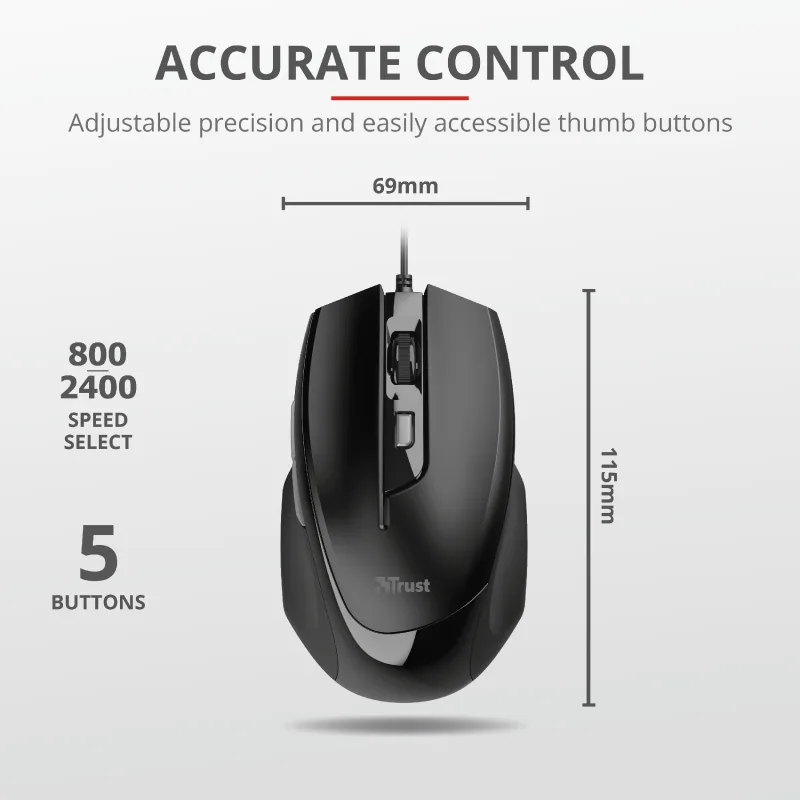 Trust Voca Comfortable miš žičani, easy-to-use, crni, 800-2400 DPI, optički, 6 tipki, usb 2.0
