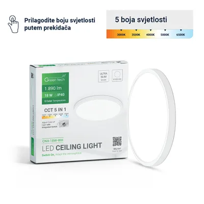 LED plafonjera Green Tech 18W, 5 CCT 3000K-3500K-4000K-5000K-6500K, fi22 cm WH