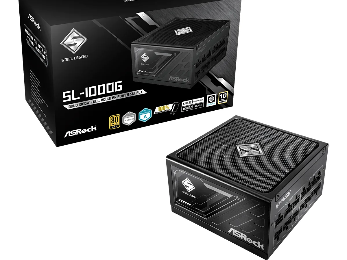Asrock PSU 1000W Gold Steel LFully Modular 80PLUS, 135mm fanATX 3.1. PCIe 5.1, Japanese Capacitors