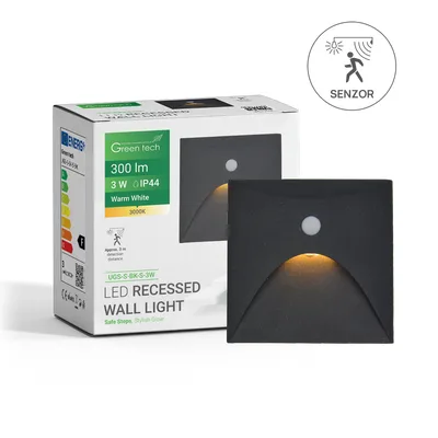 Green TECH LED ugradna zidna svjetiljka sa senzorom 3W, 3000K IP44, crna