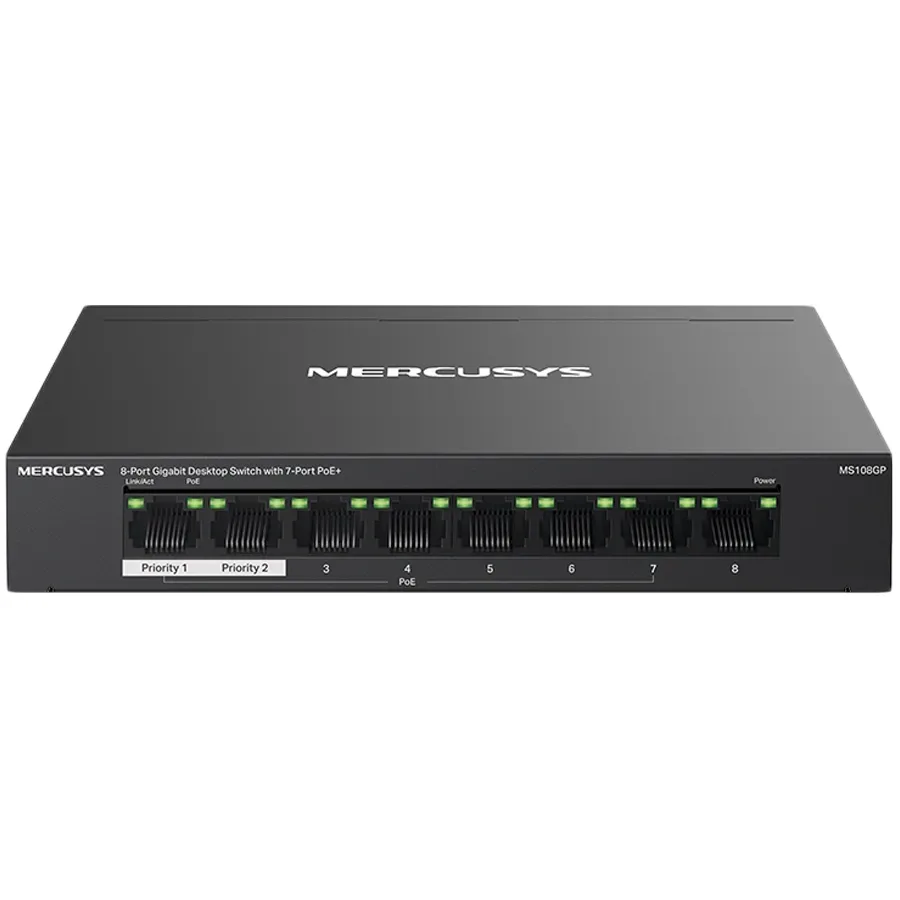 Mercusys MS108GP 8-Port Gigabit Desktop Switch with 7-Port PoE+, 7× Gigabit PoE+ Ports