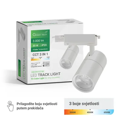 Green TECH LED šinska svjetiljka 30W, 3 CCT, bijela boja
