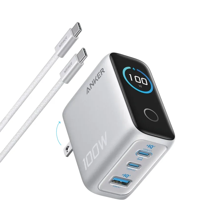 Anker Charger (100W, 3 Ports, Smart Display) Silver