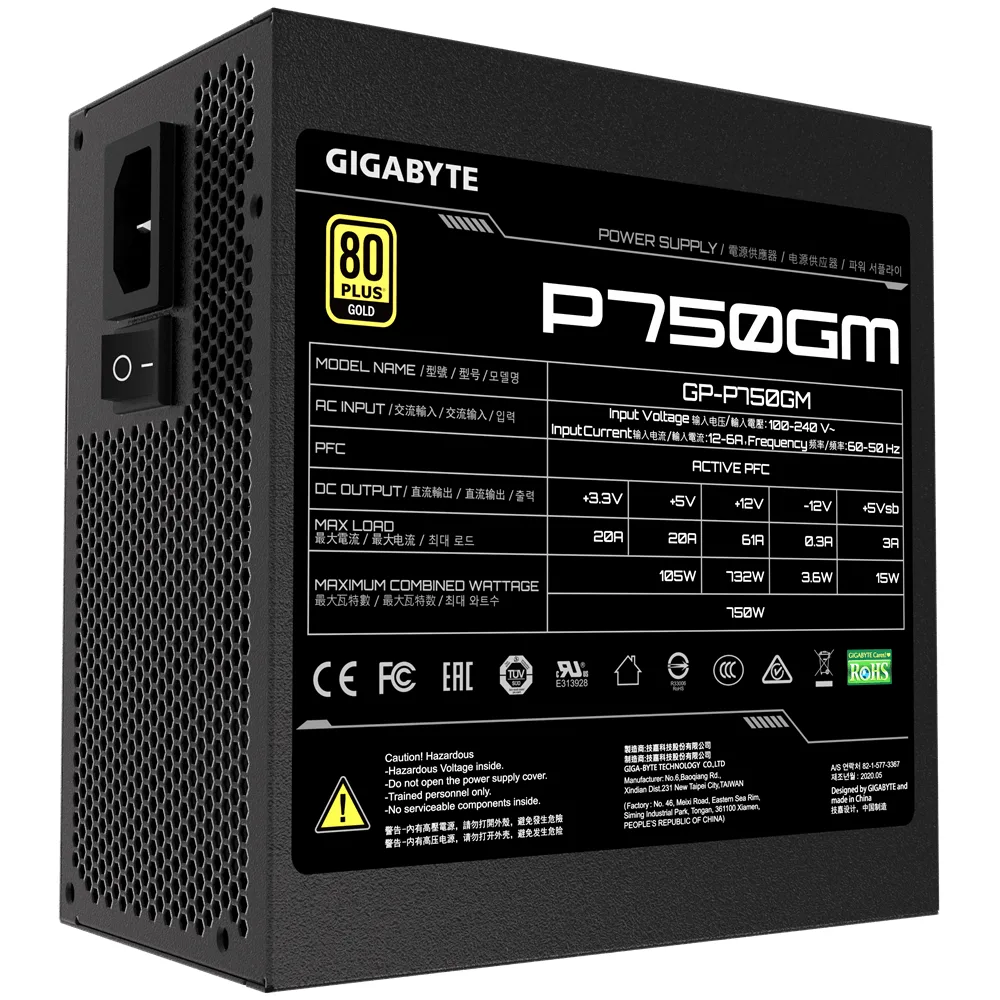 Gigabyte PSU 750W Gold Modular80+ GOLD, Fully Modular, 8xSATA, 3x4Pin, 1xFloppy, 4xPCIe 6+2 Pin