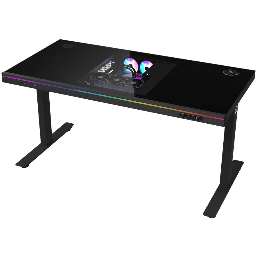 Lorgar Dual-motor sit/stand adjustable-height gaming desk with built-in PC case, wireless charger