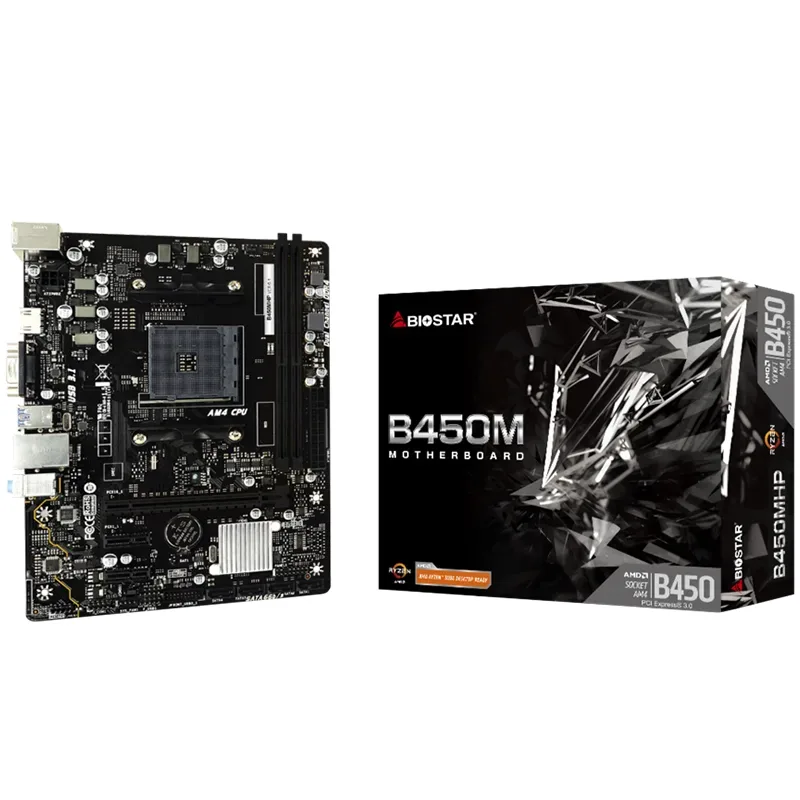 Biostar MB B450 AM4 2 x DDR4 4 x SATA II 1 x VGA Port 1 x HDMI Port 1 x LAN port Micro ATX