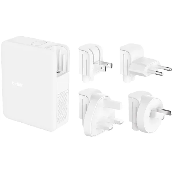 Belkin 140w 4-ports USB GaN Wall Charger with UK, EU, US plug tips, White