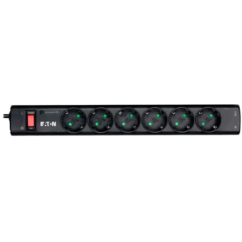 Eaton Protection Strip 6 DIN, 10A, 2500W, Input: Schuko, Outputs: (6) Schuko, Power Cord Lenght 1m